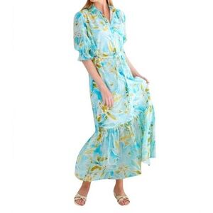 Halsbrook FINLEY sienna seaweed print dress in teal/multi Neiman Marcus